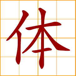 simplified Chinese symbol: body; physical; shape, style, form, fashion; a system; the state of a substance