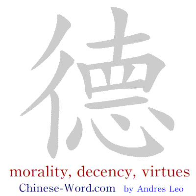 Chinese writing strokes for symbol 德 morality, decency; virtues, kindness