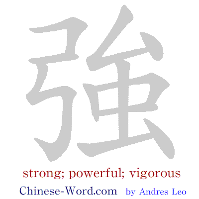 Chinese symbol: 強 strong; powerful; vigorous with calligraphic writing strokes animation